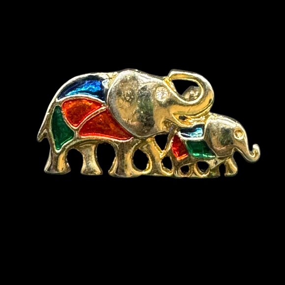 Gold Tone Elephant Brooch Pin Multicoloured Costume Jewelry - Picture 1 of 3